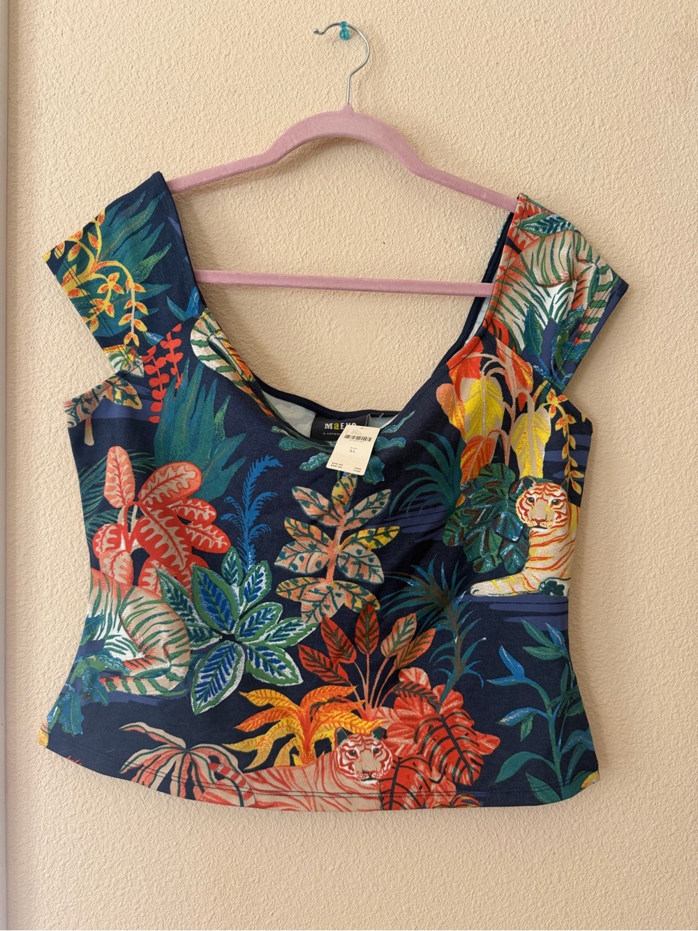 Maeve Tropical Tiger Print Scoop Neck Crop Top - Navy Cropped NWT